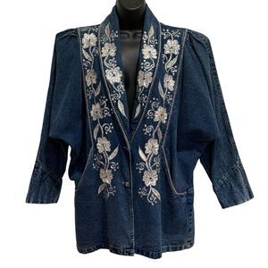 Vintage Niya Collection Heavily Embellished Blue Denim Jean Jacket Sz M